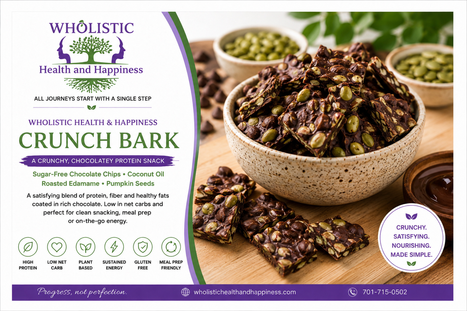 Wholistic Crunch Bark chocolate snack pieces